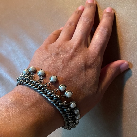 Vintage pearl bead charm bracelet white silver boho antique layering art deco - Picture 4 of 7